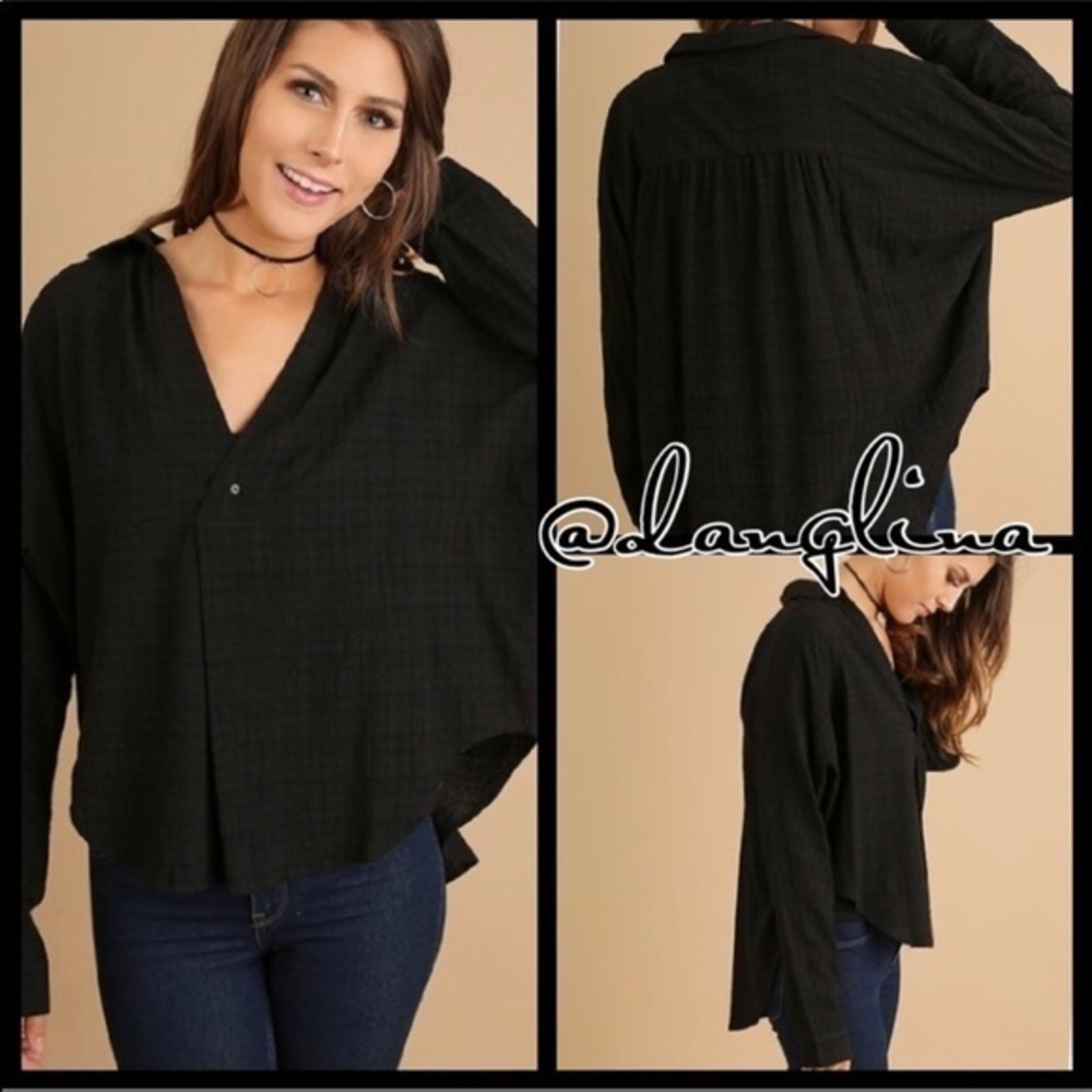 Plaid v neck half button down top